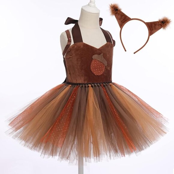 NEW Woodland Creature Theme Squirrel Girls Tutu Halloween Dress Costume Tail Ear - Picture 3 of 6